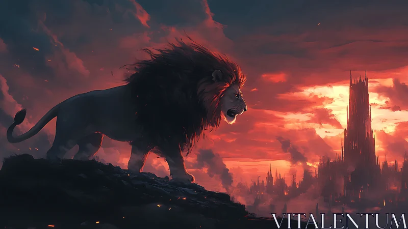 Lion silhouette overlooking distant spired city at dusk.