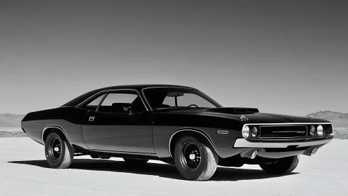 Classic black muscle car gleams in a stark desert landscape