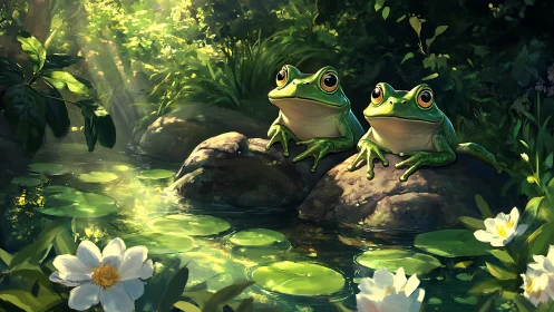 Sunlit rainforest pond shows two frogs on rocks in luminous detail