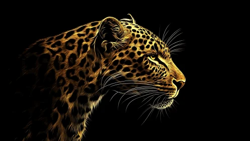 Golden Leopard Profile. Luminous Big Cat Against Dark.