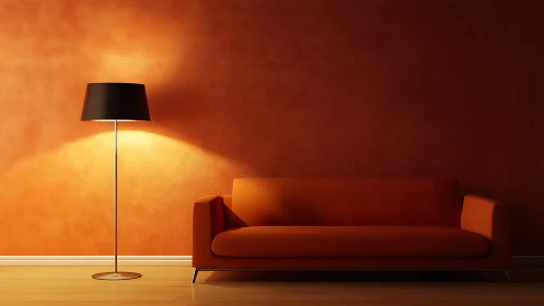 Modern orange sofa and floor lamp create cozy minimalism.