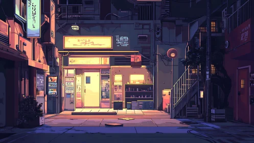 Nocturnal alley storefront under neon-pastel emissive lighting.