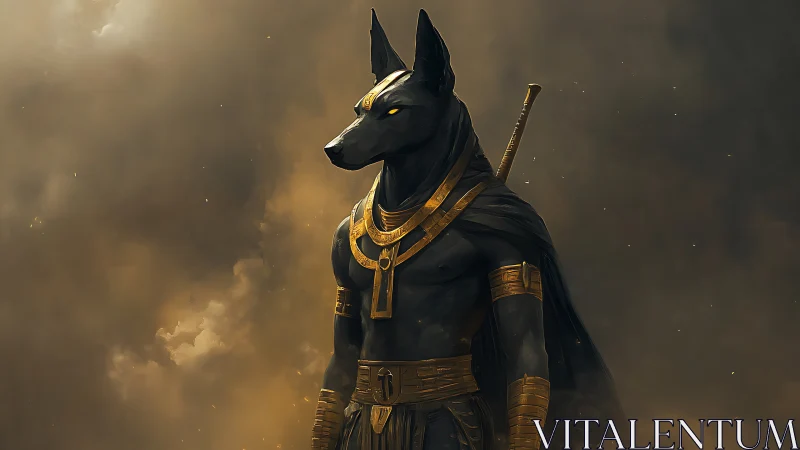 Jackal-headed sentinel strides from swirling desert dusk