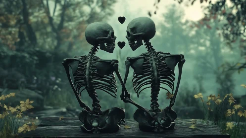 Two skeletons share a quiet romantic moment in nature.