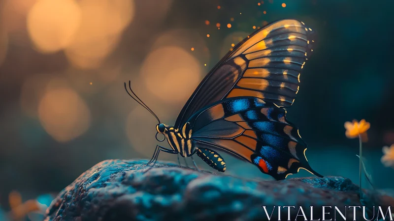 Butterfly rests on rock in warm bokeh forest light