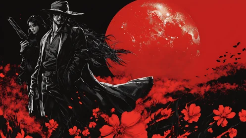Crimson moon crowns two gun-shadows in a storm of flowers