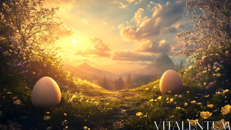 Sunrise guardians: mysterious meadow eggs awaiting dawn.