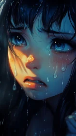 Rainlit sorrow on a blue eyed girl, glowing in silence.