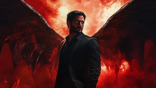 Dark-winged fallen angel in tailored suit over burning sky.