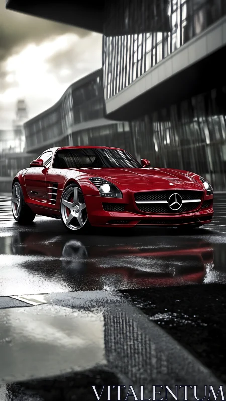 Red Mercedes sports car sits on wet reflective pavement