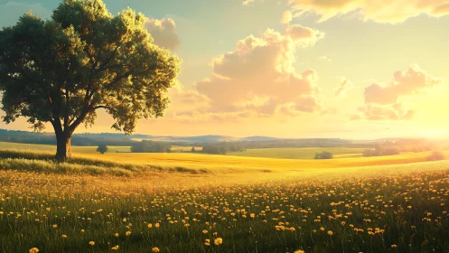 Golden hour landscape renders solitary tree in radiant bloom