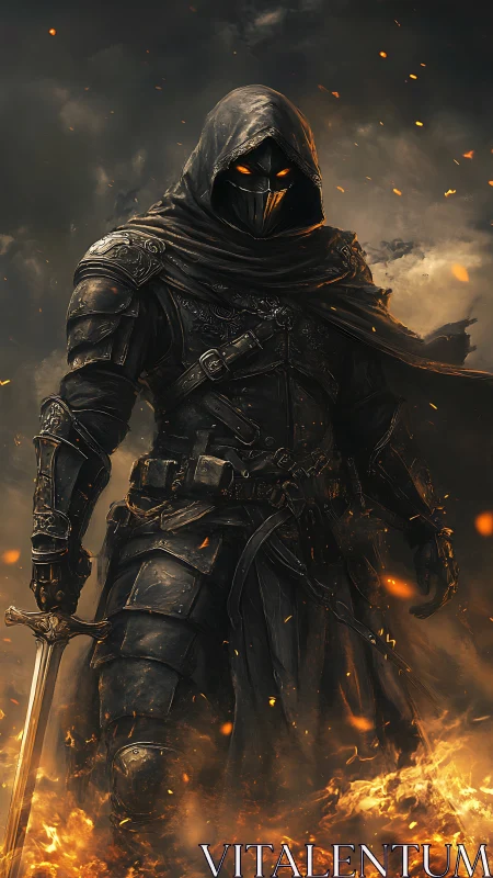 Hooded armored swordsman with glowing eyes in firelit smoke.