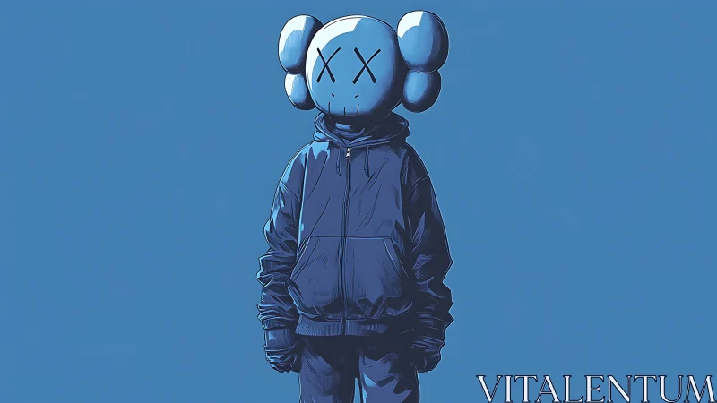 Blue vinyl mascot in hoodie against flat minimal backdrop.