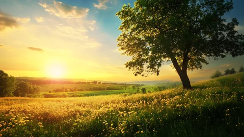 Sunlit rural hillside with solitary tree and open fields.
