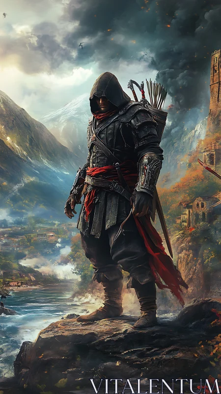 Hooded river rogue surveying a burning mountain kingdom.