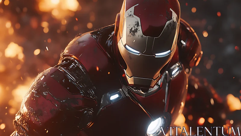 Armored red and gold humanoid figure amid flying fire sparks