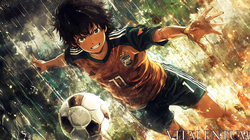 Dynamic anime soccer forward dives through rain-soaked motion