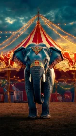 Regal circus elephant before illuminated striped pavilion.