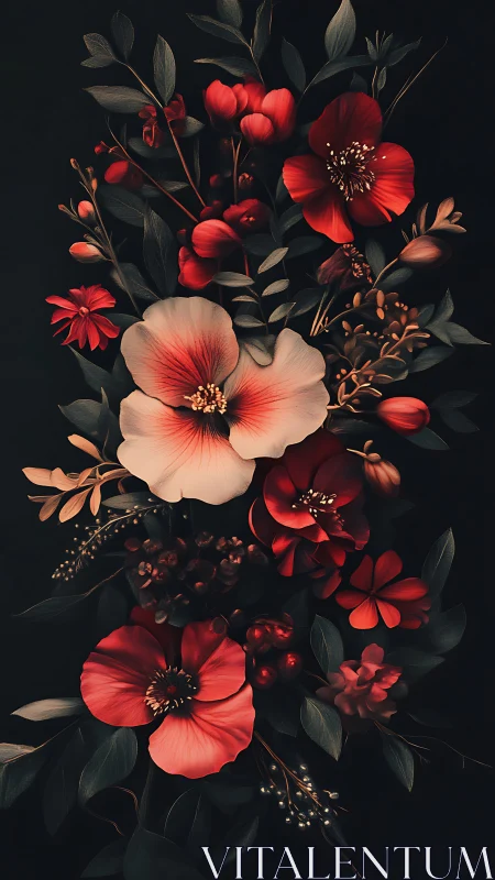Red and Cream Floral Arrangement Against Dark Background.