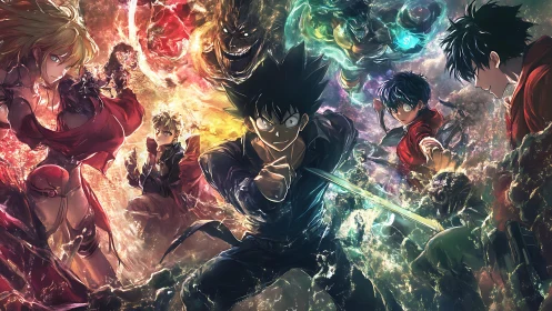 Dynamic anime battle ensemble with elemental energy swirls