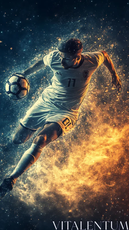 Soccer player soars through fiery cosmic energy burst.