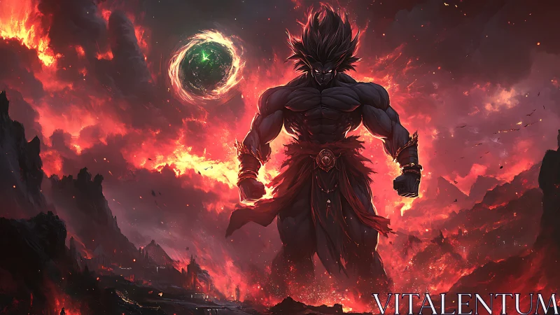 Muscular dark figure stands amid fiery clouds and terrain
