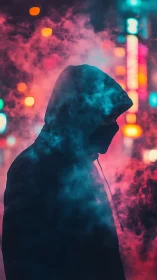 Neon fog crowns a hooded silhouette in electric midnight haze