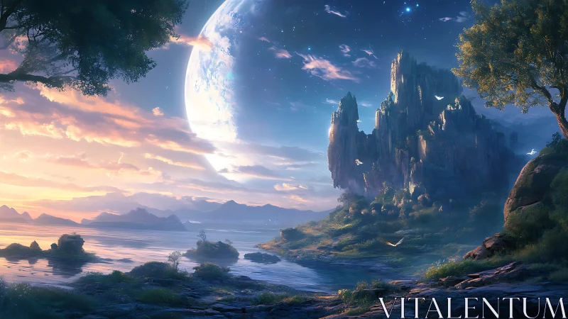 Fantasy landscape with massive moon over crystalline structure.