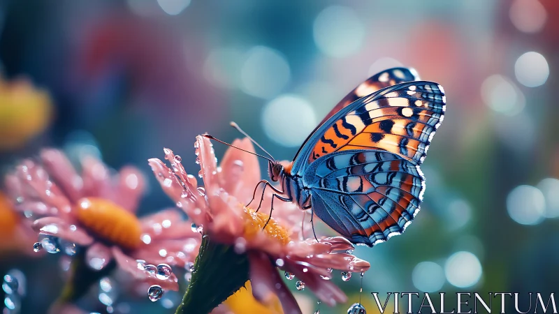 Photorealistic macro butterfly on dewy pink blossom study.