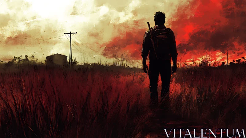 Solitary figure stands in red field beneath turbulent sky