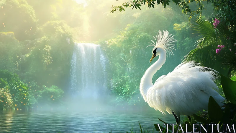High-key tropical waterfall scene with crest-plumed white egret