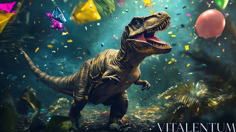 Rendered dinosaur with golden skin in vibrant particle environment