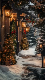 Snowy Christmas walkway lined with glowing lanterns at dusk.