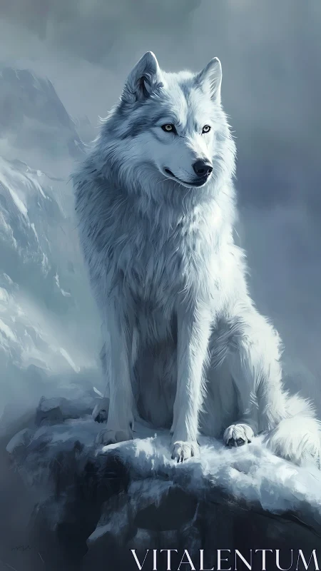White wolf stands alert on icy cliff in cold grey light