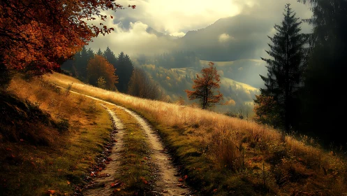 Autumn mountain path curling into misty, golden horizons.
