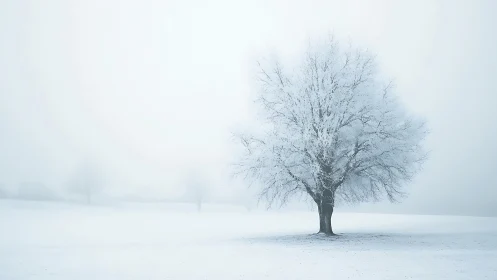Solitary frost-kissed tree in a dreamlike winter hush.