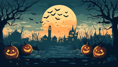 Digital Halloween landscape with jack-o’-lantern foreground symmetry.