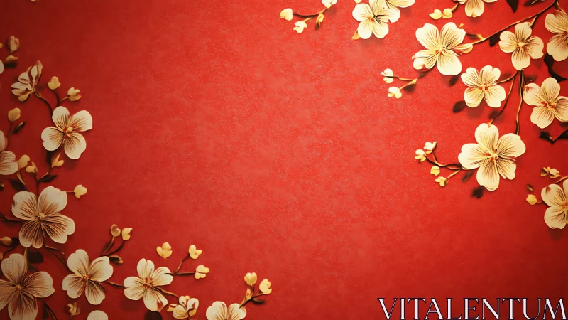 Embossed floral relief on textured red background with lateral framing