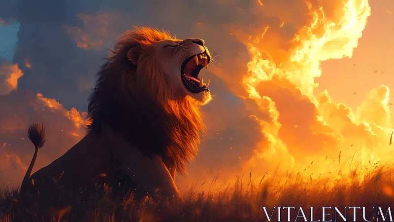 Sunset roar crowns the lion king in blazing skyfire.