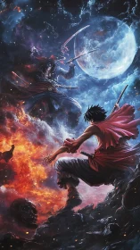 Two anime warriors clash under full moon in cosmic battle