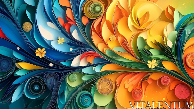 Colorful paper quilling swirls with floral abstract forms.