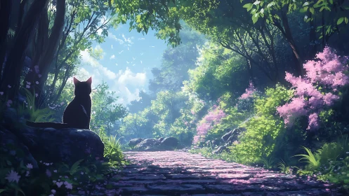 Black Cat Contemplates Forest Path Through Blooming Woodland