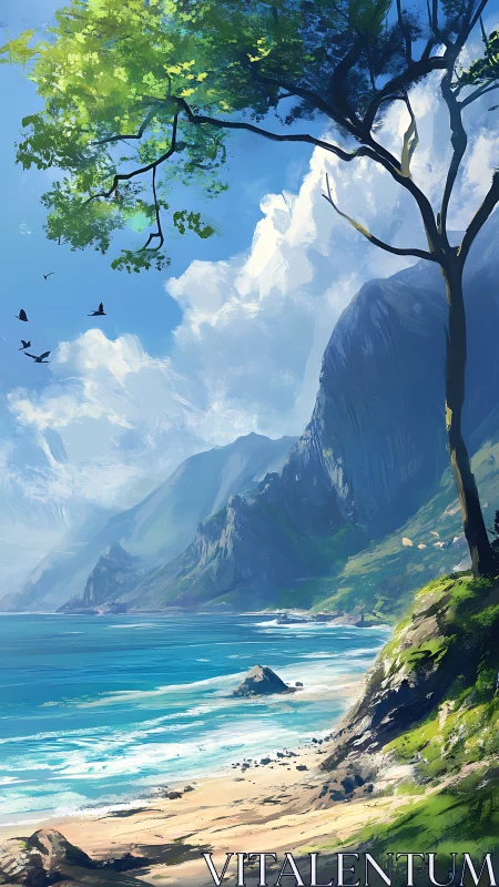 Mountain Lake Landscape with Tree and Coastal Valley.