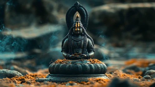 Serene stone Shiva statue rests amid smoke and blurred stones
