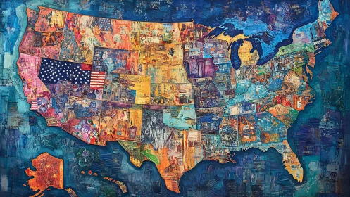 Textured collage map of the United States in vivid impasto color.