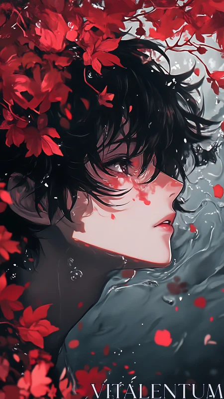 Red leaves frame melancholic youth in reflective water