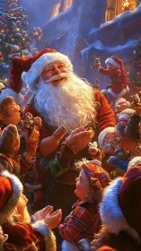Santa surrounded by children in a richly lit festive courtyard