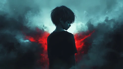 Solitary silhouetted child in cyan mist with crimson energy bloom