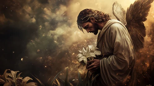 Luminous robed angel holding white lilies in celestial dusk