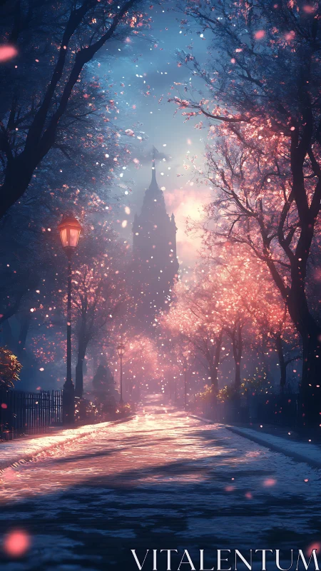 Twilight blossoms drift toward a dreaming clocktower street